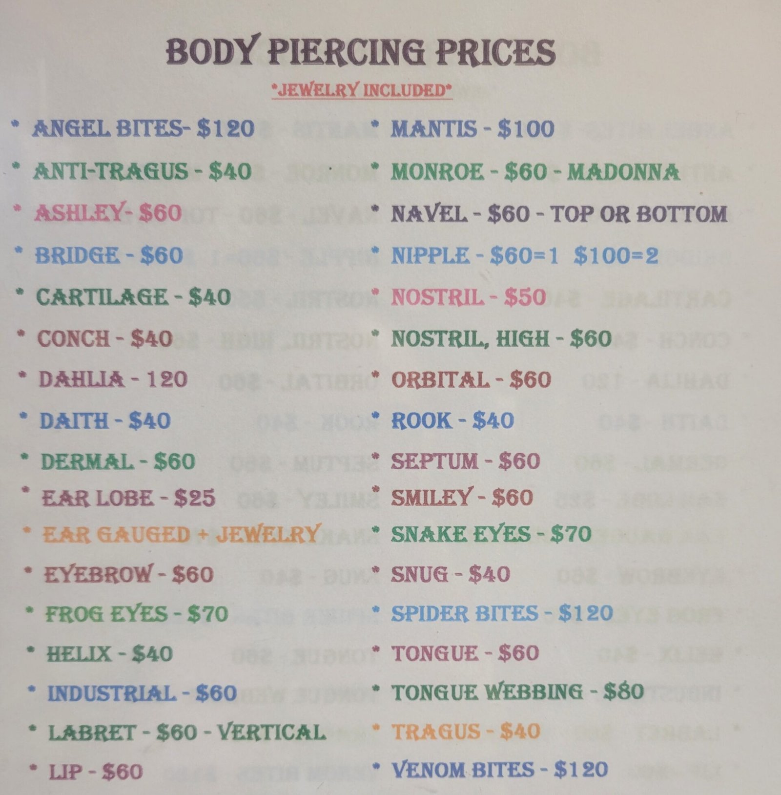Body Piercing Price List